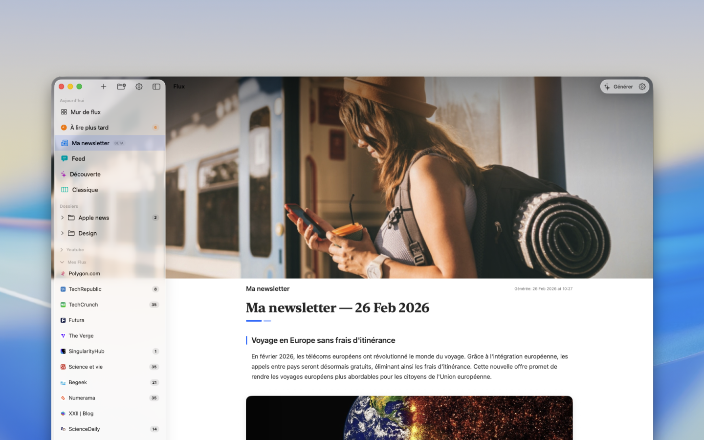 Capture de Flux montrant la vue newsletter sur macOS.