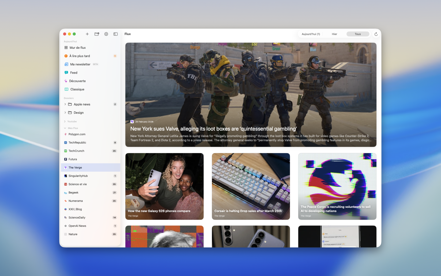 Capture de Flux montrant le mur de flux sur macOS.